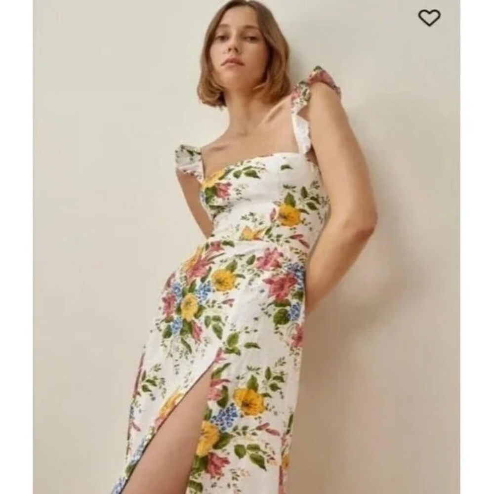 Reformation Spaulding Linen Midi Dress in bouquets print SZ 4